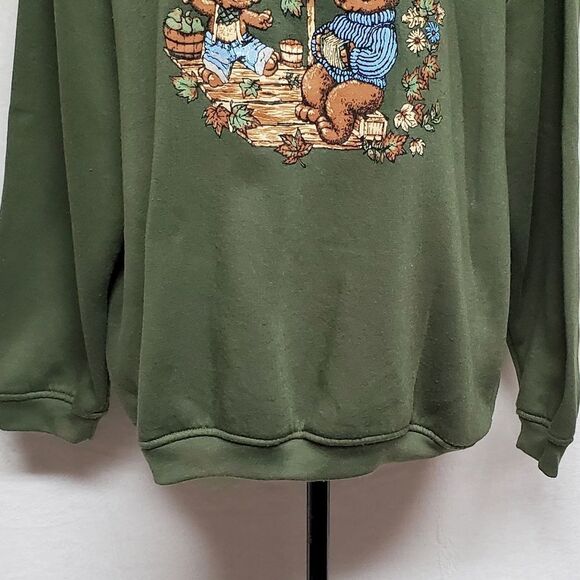 Vintage 90s Basic Editions Olive Green Teddy Bear Floral Fleece Lined Sweatshirt - Picture 5 of 11